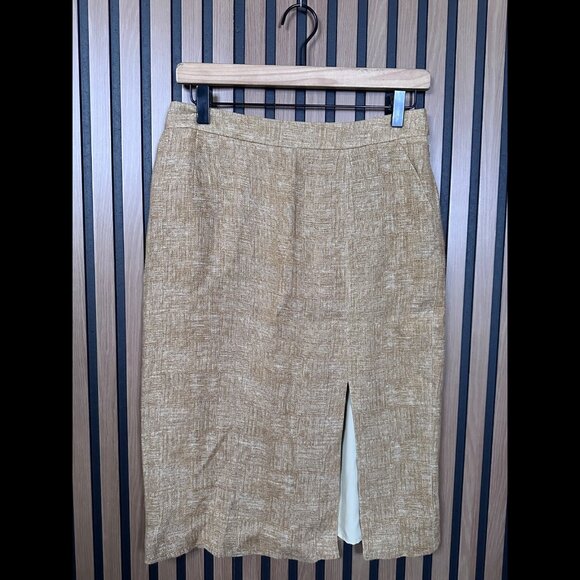 Armani Skirt 8 / M Beige Tweed 100% Linen Pencil High Slit Midi Made in Italy - Picture 1 of 8